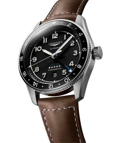 Shop Longines Men's Swiss Automatic Spirit Zulu Time Brown Leather Strap Watch 42mm In Black