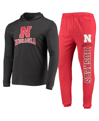 Concepts Sport Men's  Scarlet, Charcoal Nebraska Huskers Meter Long Sleeve Hoodie T-shirt And Jogger In Scarlet,charcoal