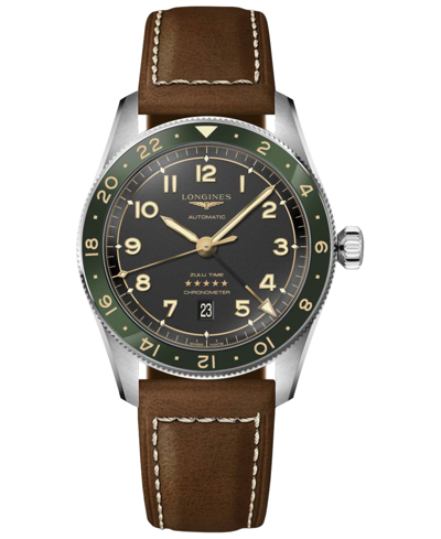 Shop Longines Men's Swiss Automatic Spirit Zulu Time Brown Leather Strap Watch 42mm In Black