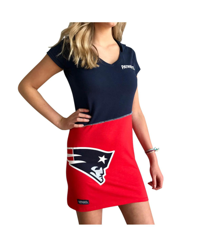 Shop Refried Apparel Women's  Navy And Red New England Patriots Hooded Mini Dress In Navy,red