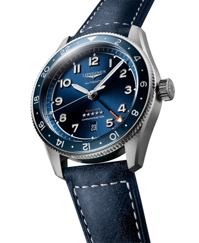 Shop Longines Men's Swiss Automatic Spirit Zulu Time Blue Leather Strap Watch 42mm
