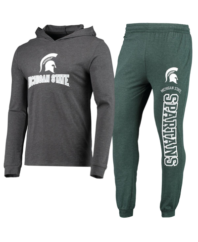 Concepts Sport Green/heather Charcoal Michigan State Spartans Meter Long Sleeve Hoodie T-shirt & Jog In Green,heathered Charcoal