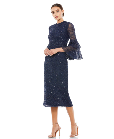Shop Mac Duggal Women's Fully Sequined Ruffle Tiered 3/4 Sleeve Midi Dress In Navy