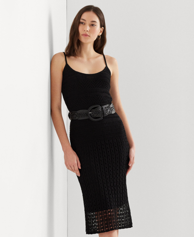 Shop Lauren Ralph Lauren Women's Pointelle-knit Linen-blend Dress In Black
