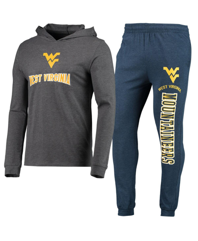 Concepts Sport Navy/heather Charcoal West Virginia Mountaineers Meter Long Sleeve Hoodie T-shirt & J In Navy,heathered Charcoal