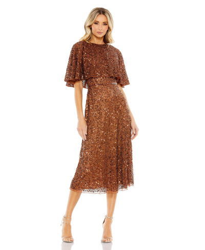 Shop Mac Duggal Women's Embellished Cape High Neck Midi Dress In Copper