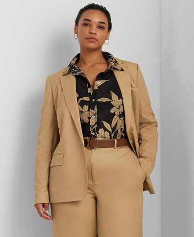 Shop Lauren Ralph Lauren Plus Size One-button Blazer In Birch Tan