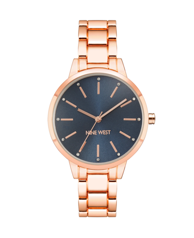 Nine West Women's Quartz Rose Gold-tone Alloy Link Bracelet Watch, 36mm In Navy,rose Gold-tone