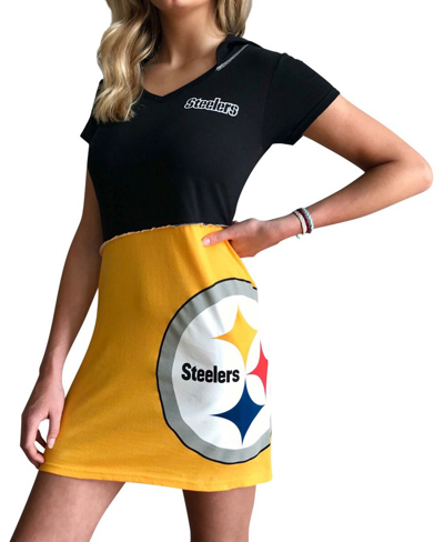 Shop Refried Apparel Women's Black, Gold-tone Pittsburgh Steelers Hooded Mini Dress In Black,gold-tone
