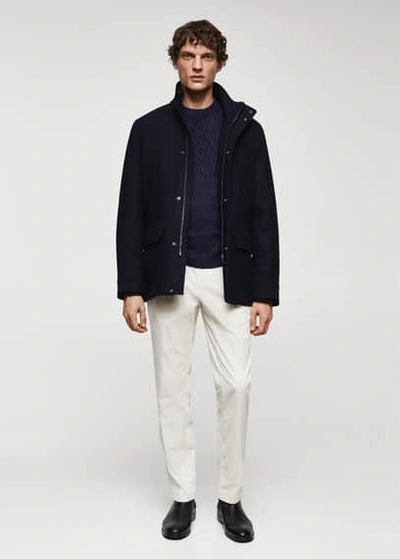 Mango Man Wool Coat Short Pockets Navy In Navy