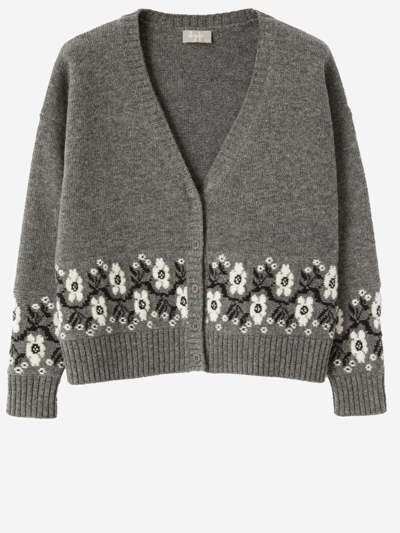 Shop Il Gufo Wool Cardigan With Floral Pattern In Grey