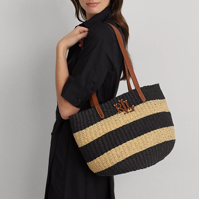 Shop Lauren Ralph Lauren Striped Straw Medium Hartley Tote Bag In Natural/black/lauren Tan