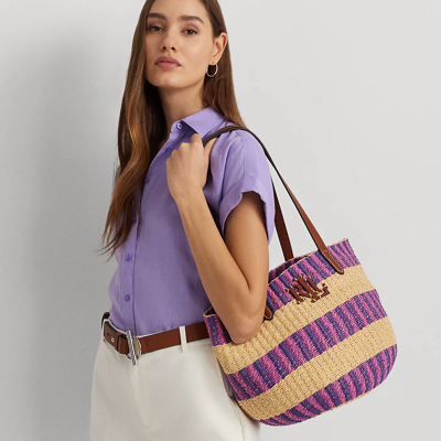 Shop Lauren Ralph Lauren Striped Straw Medium Hartley Tote Bag In Natural/purple Jspr Mlt/l