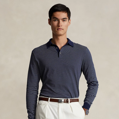 Shop Ralph Lauren Striped Cotton Polo-collar Sweater In Bright Navy Combo