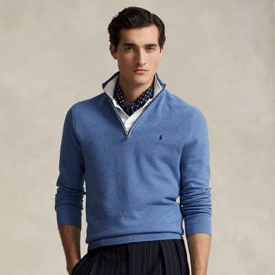 Shop Ralph Lauren Mesh-knit Cotton Quarter-zip Sweater In Blue Stone Heather