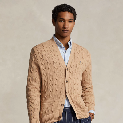 Shop Ralph Lauren Cable-knit Cotton Cardigan In Camel Melange