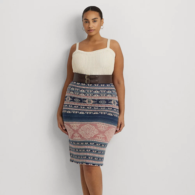 Shop Lauren Woman Geo-motif Linen-cotton Pencil Skirt In Multi
