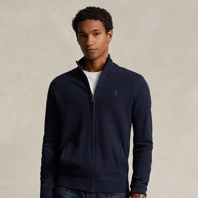Shop Ralph Lauren Mesh-knit Cotton Full-zip Sweater In Navy