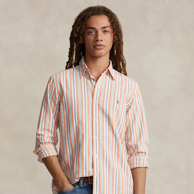 Shop Ralph Lauren Classic Fit Striped Oxford Shirt In Orange/white Multi