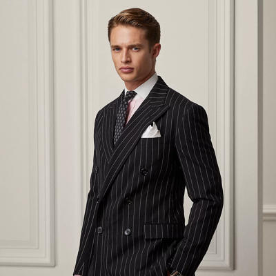 Shop Ralph Lauren Purple Label Kent Hand-tailored Striped Suit Jacket In Black/white