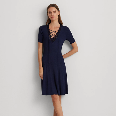 Shop Lauren Ralph Lauren Lace-trim Rib-knit Dress In Refined Navy