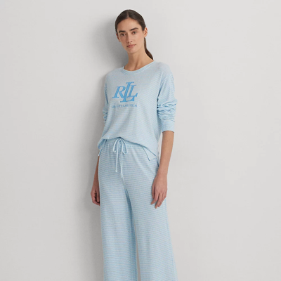 Shop Lauren Ralph Lauren Striped Cotton-blend Jersey Pajama Set In Blue Stripe