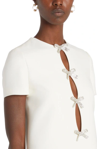 Shop Valentino Crystal Bow Cutout Crepe Couture Minidress In Avorio/ Silver