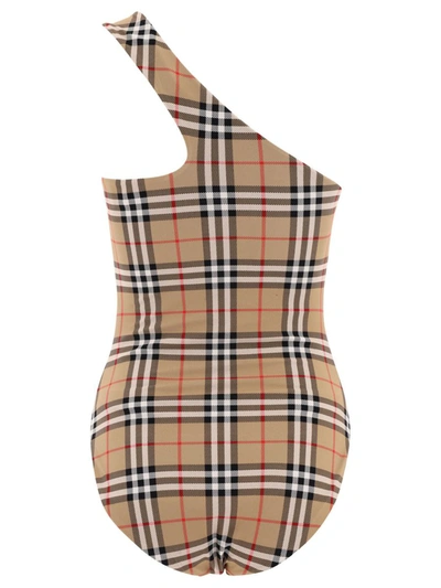 Shop Burberry "candace Check" Swimsuit In Beige
