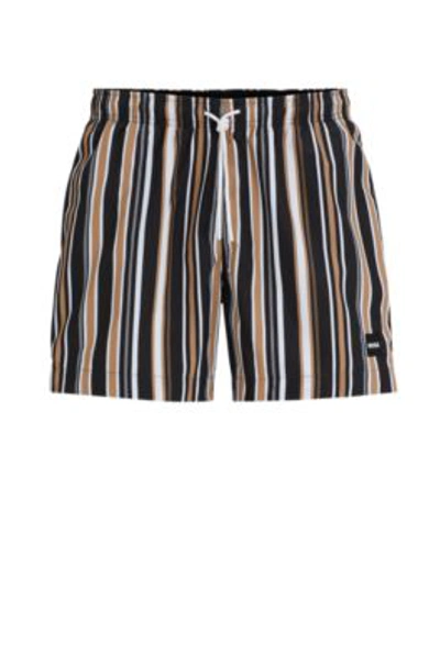 Shop Hugo Boss Fully Lined Swim Shorts In Striped Quick-dry Fabric In Black