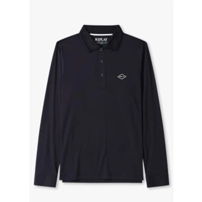 Shop Replay Mens Long Sleeve Polo Shirt Hyperflex Hybrid In Dark Navy In Blue