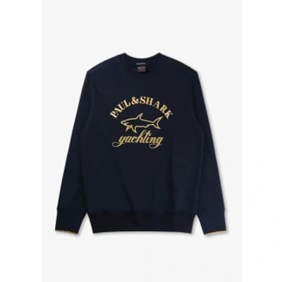 Shop Paul & Shark Mens Stretch Cotton Sweatshirt With Logo Embroidered In Navy In Blue