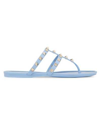 Shop Valentino Women's Rockstud Flat Rubber Sandals In Azure