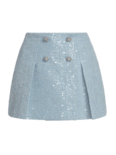 Shop Self-portrait Women's Sequined Bouclé Miniskirt In Blue