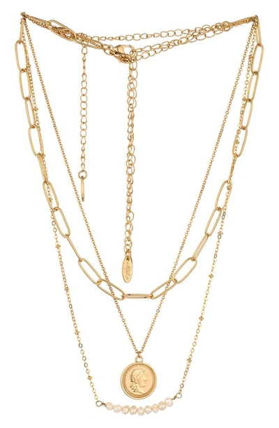 Ettika Set Of 3 Paper Clip Chain, Coin Pendant & 4mm Freshwater Pearl Necklaces In Gold