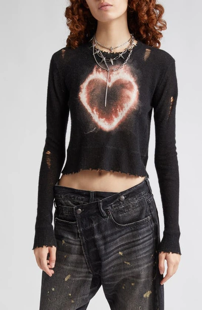 Shop R13 Distressed Flaming Heart Cashmere Crop Sweater In Flaming Heart On Black