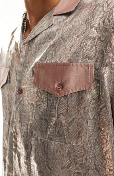 Shop Asos Design Relaxed Fit Metallic Snakeskin Print Western Bowling Shirt In Light Pink
