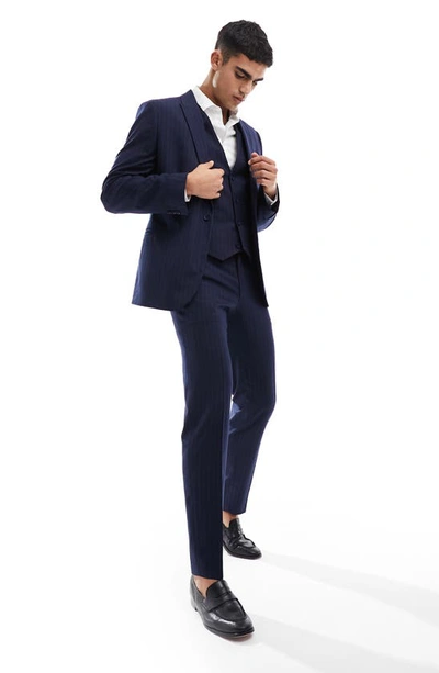 Shop Asos Design Slim Fit Pinstripe Suit Trousers In Navy