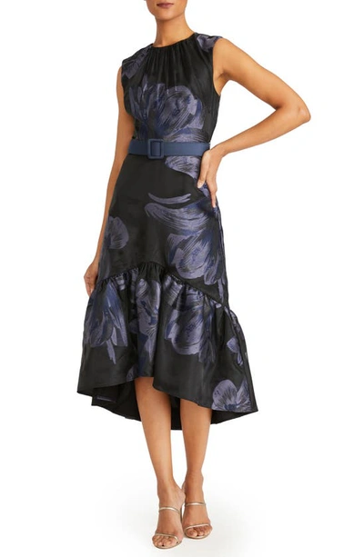 Shop Kay Unger Beatrix Belted Floral High-low Cocktail Dress In Black/ Dark Midnight