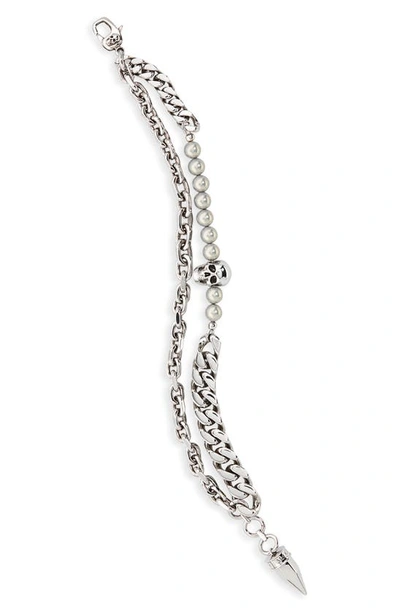 Shop Alexander Mcqueen Skull Layered Chain Bracelet In A.silver/ Pearl