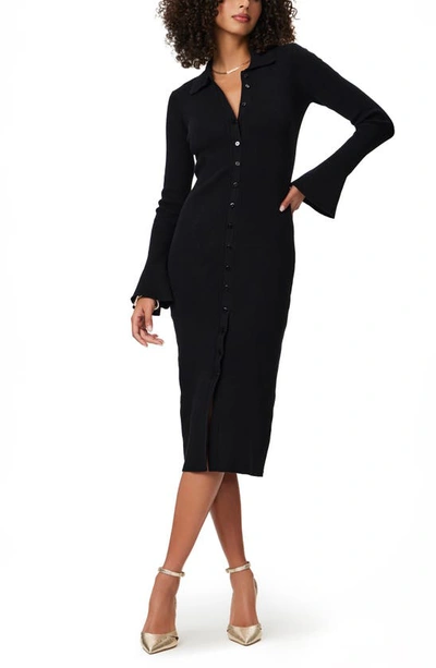 Shop Paige Sundara Long Sleeve Organic Cotton & Silk Blend Rib Midi Dress In Black
