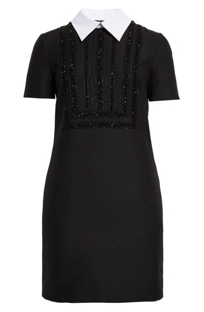 Shop Valentino Beaded Wool & Silk Crepe Couture Shift Dress In Nero/ Bianco