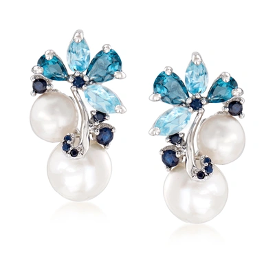 Ross-simons 6-8.5mm Cultured Pearl And Sky Blue Topaz And London Blue Topaz Earrings With . Sapphires In Sterlin In White