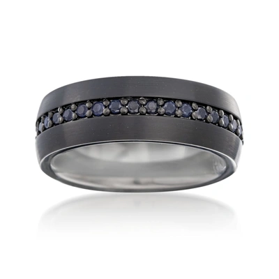 Shop Ross-simons Men's Black Sapphire Eternity Wedding Ring In Tungsten Carbide In Silver