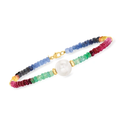 Shop Ross-simons Multicolored Sapphire And 9.5-10.5mm Cultured Pearl Bracelet In 14kt Yellow Gold