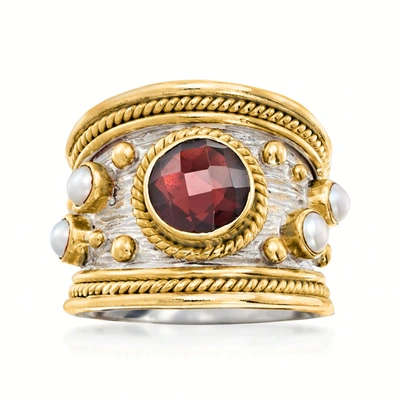 Ross-simons Garnet And 3mm Cultured Pearl Ring In Sterling Silver And 18kt Gold Over Silver In Gold