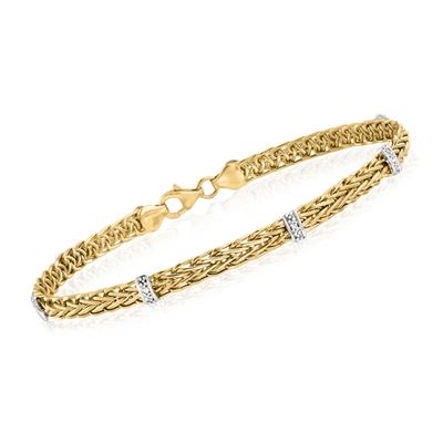 Ross-simons 14kt Yellow Gold Wheat-link Station Bracelet With Diamond Accents In Gold