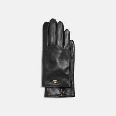 Shop Coach Outlet Coach Plaque Leather Tech Gloves In Black