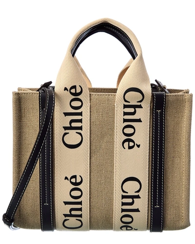 Shop Chloé Woody Small Canvas & Leather Tote In Beige