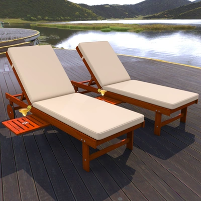 Jonathan Y Seabrook 69 X 24 Inch Outdoor Acacia Wood Lounger With Cushion, 5-position Back, Slide Table & Wheel