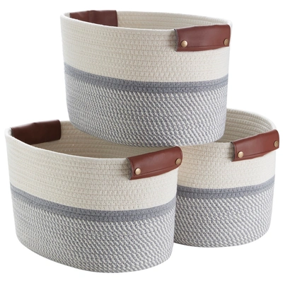 Shop Ornavo Home 3 Pack Woven Cotton Rope Shelf Storage Basket With Leather Handles